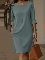 Elegant Round Neck Solid Color Pocket Dress
