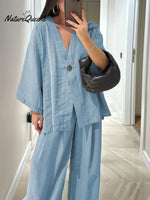 Women's Solid Color Casual Loose Stylish V-Neck Shirt Pants Suit