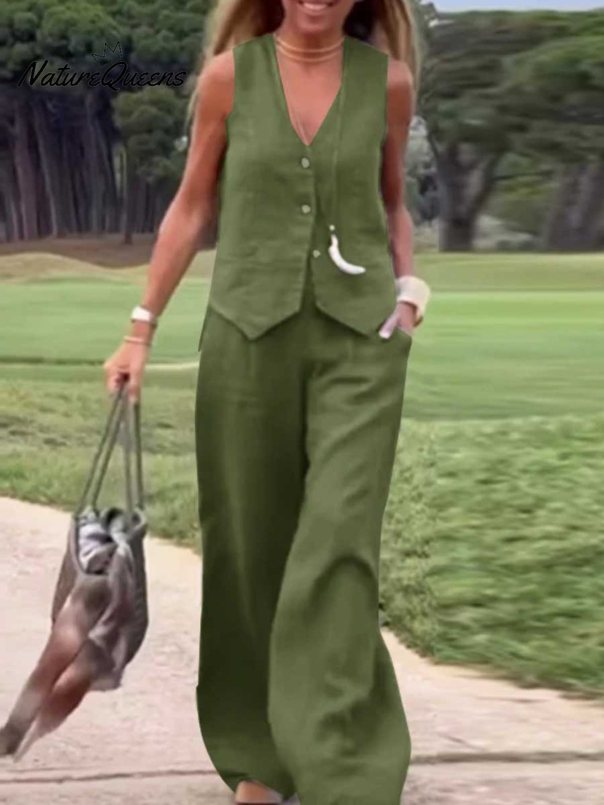 Women's Solid Color Casual Loose Stylish Vest Pants Suit