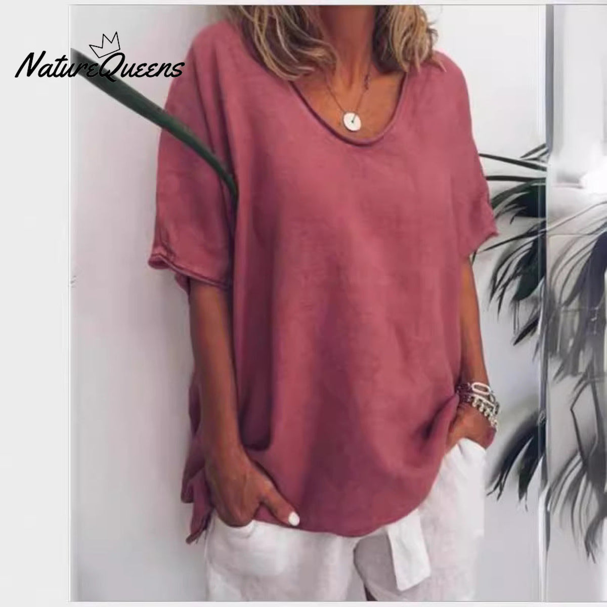 Solid color loose short-sleeved casual cotton and linen T-shirt