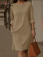 Elegant Round Neck Solid Color Pocket Dress