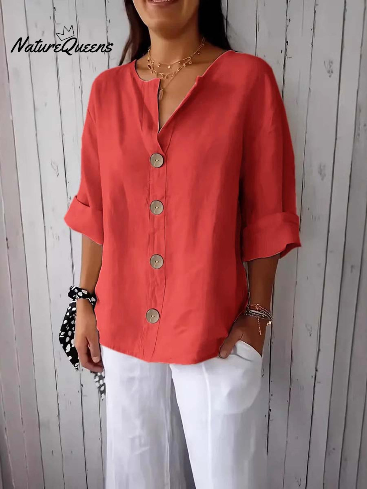 Women's Solid Color Stylish Loose Casual Button Cotton Shirt