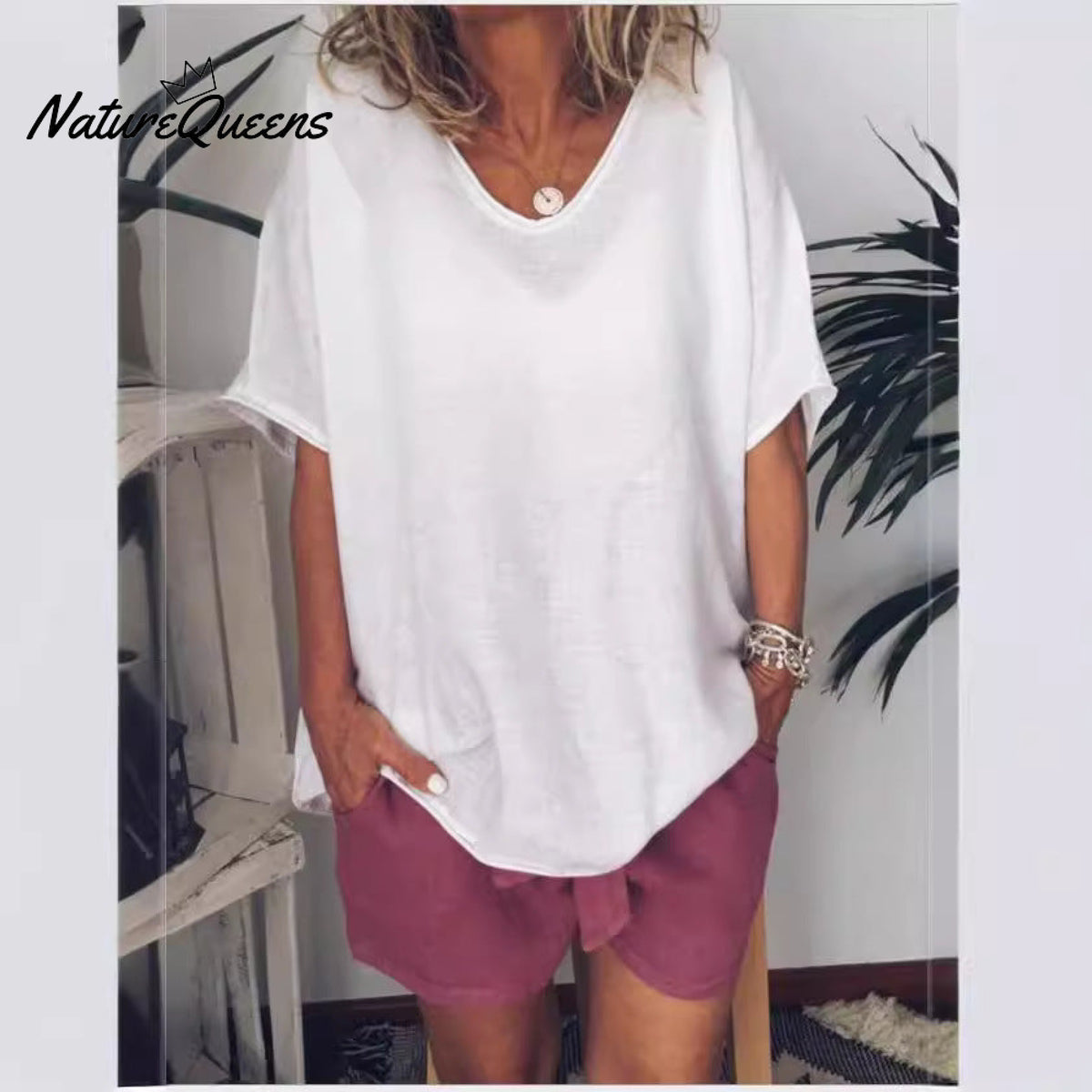 Solid color loose short-sleeved casual cotton and linen T-shirt