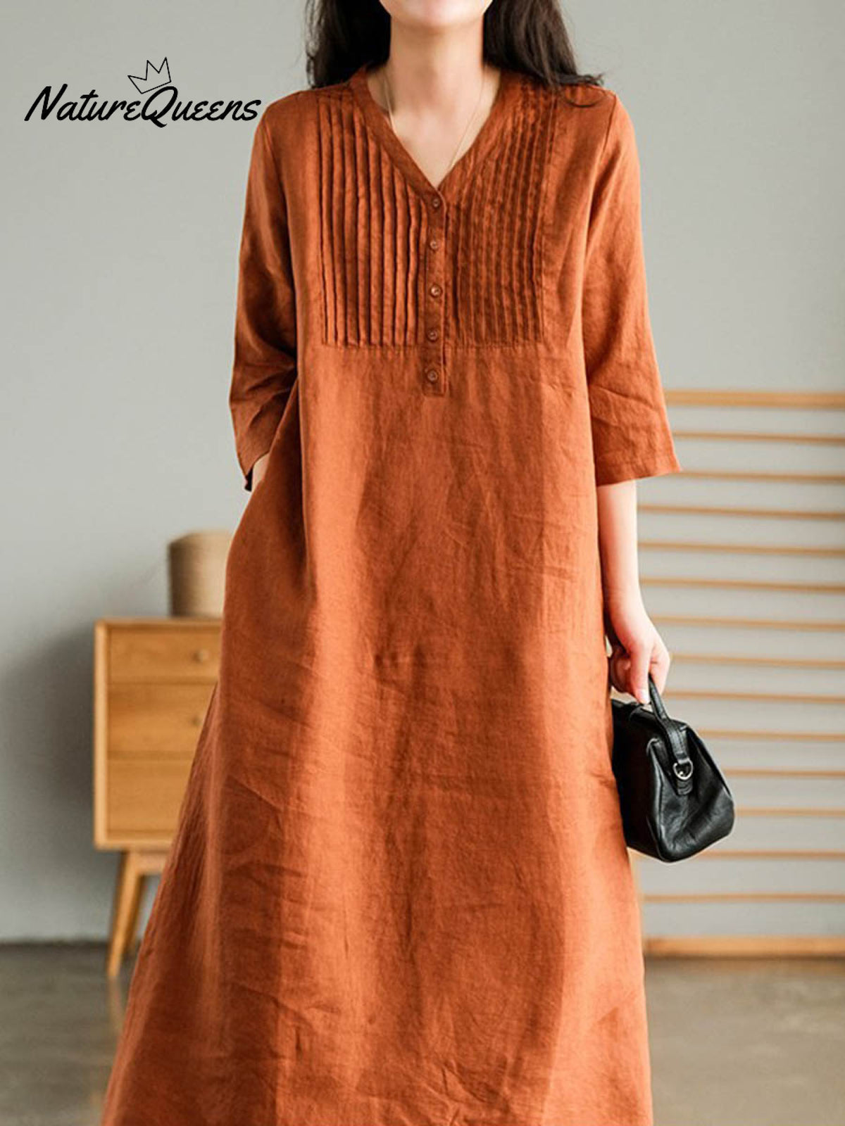 Women's Solid Color Loose Stylish Casual V-neck Long Dress