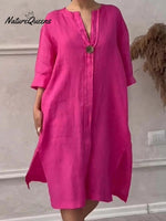 Women's Loose Stylish Solid Color Round Neck Button Cotton Linen Long Dress