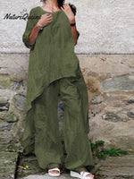 Women's Solid Color Casual Elegant Stylish Irregular hem Skirt Loose Pants Two Piece Suit