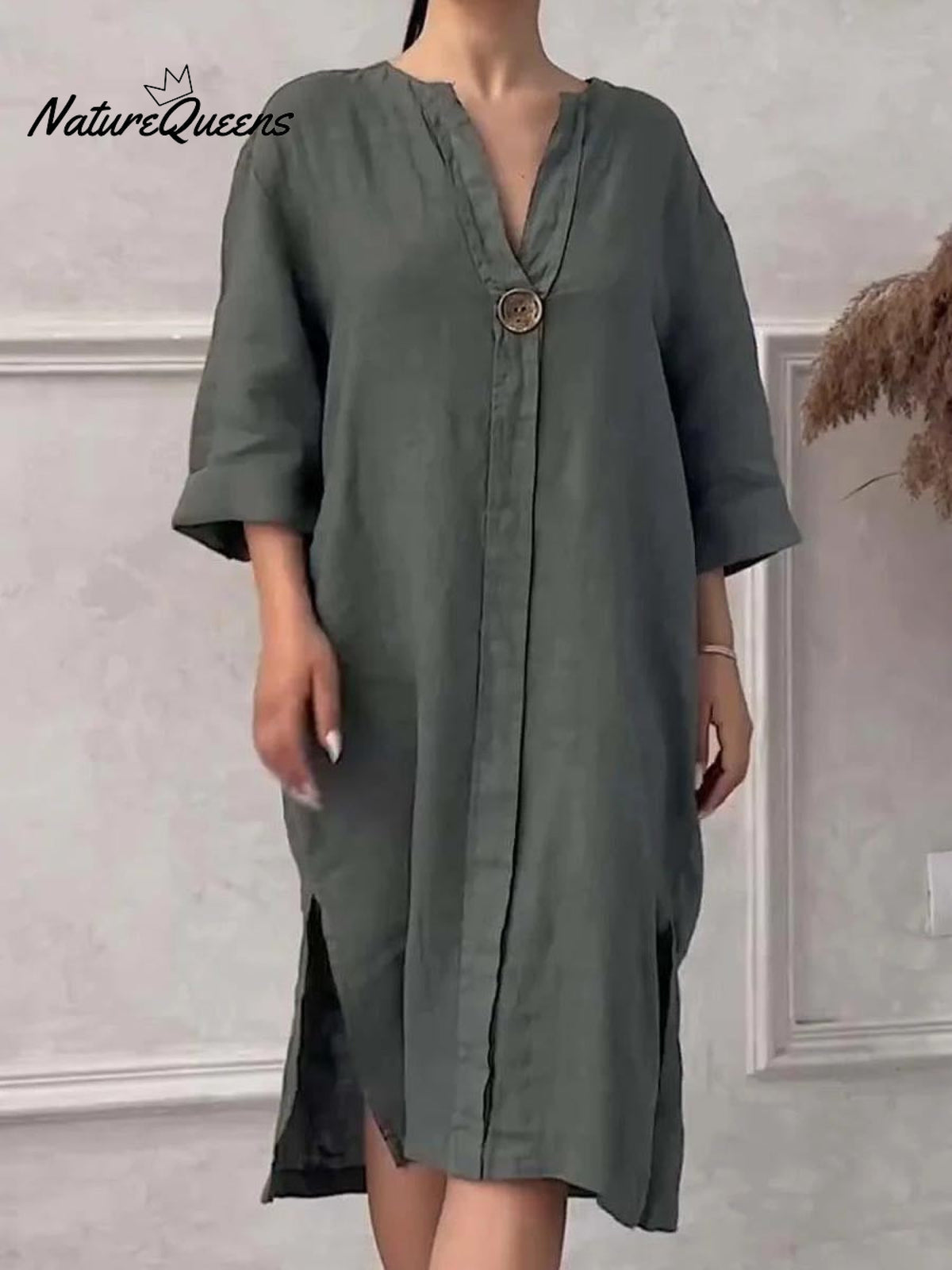 Women's Loose Stylish Solid Color Round Neck Button Cotton Linen Long Dress