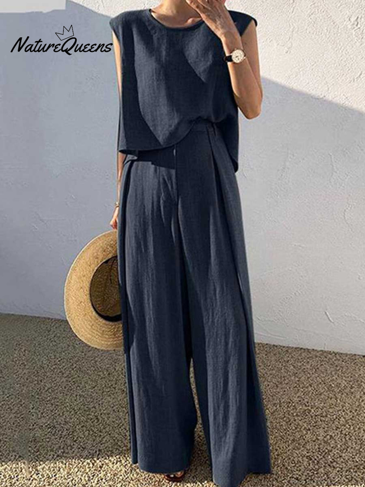 Women's Solid Color Casual Elegant Stylish Sleeveless Top Wide-leg Pants Two-piece Suit