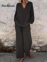 Women's Solid Color Casual Loose Stylish V-neck Long-sleeved Top Pocket Pants Two Piece Suit