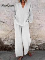 Women's Solid Color Casual Loose Stylish V-neck Long-sleeved Top Pocket Pants Two Piece Suit