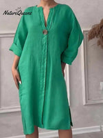 Women's Loose Stylish Solid Color Round Neck Button Cotton Linen Long Dress