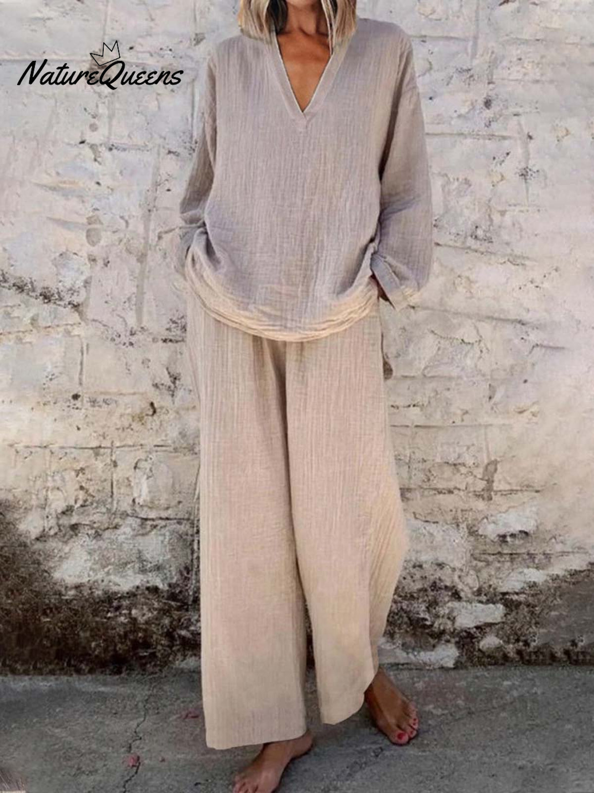 Women's Solid Color Casual Loose Stylish V-neck Long-sleeved Top Pocket Pants Two Piece Suit