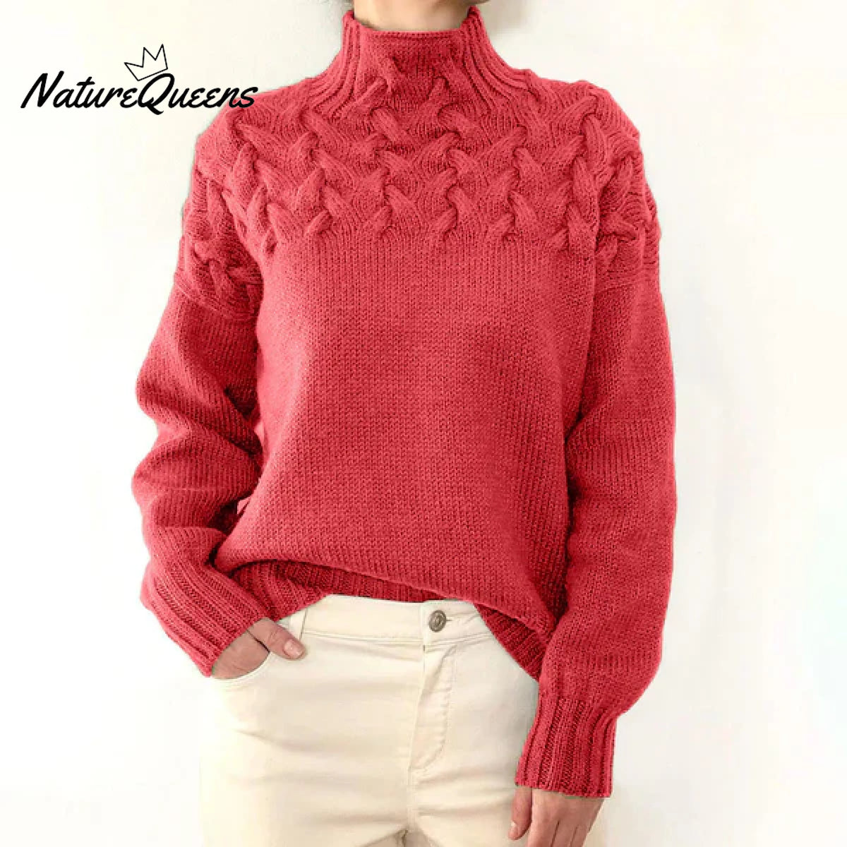 Women’s Braided High-Neck Warm Knit Sweater