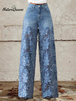 Women's Mid Waist Buttoned Lace Patchwork Jeans