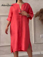 Women's Loose Stylish Solid Color Round Neck Button Cotton Linen Long Dress
