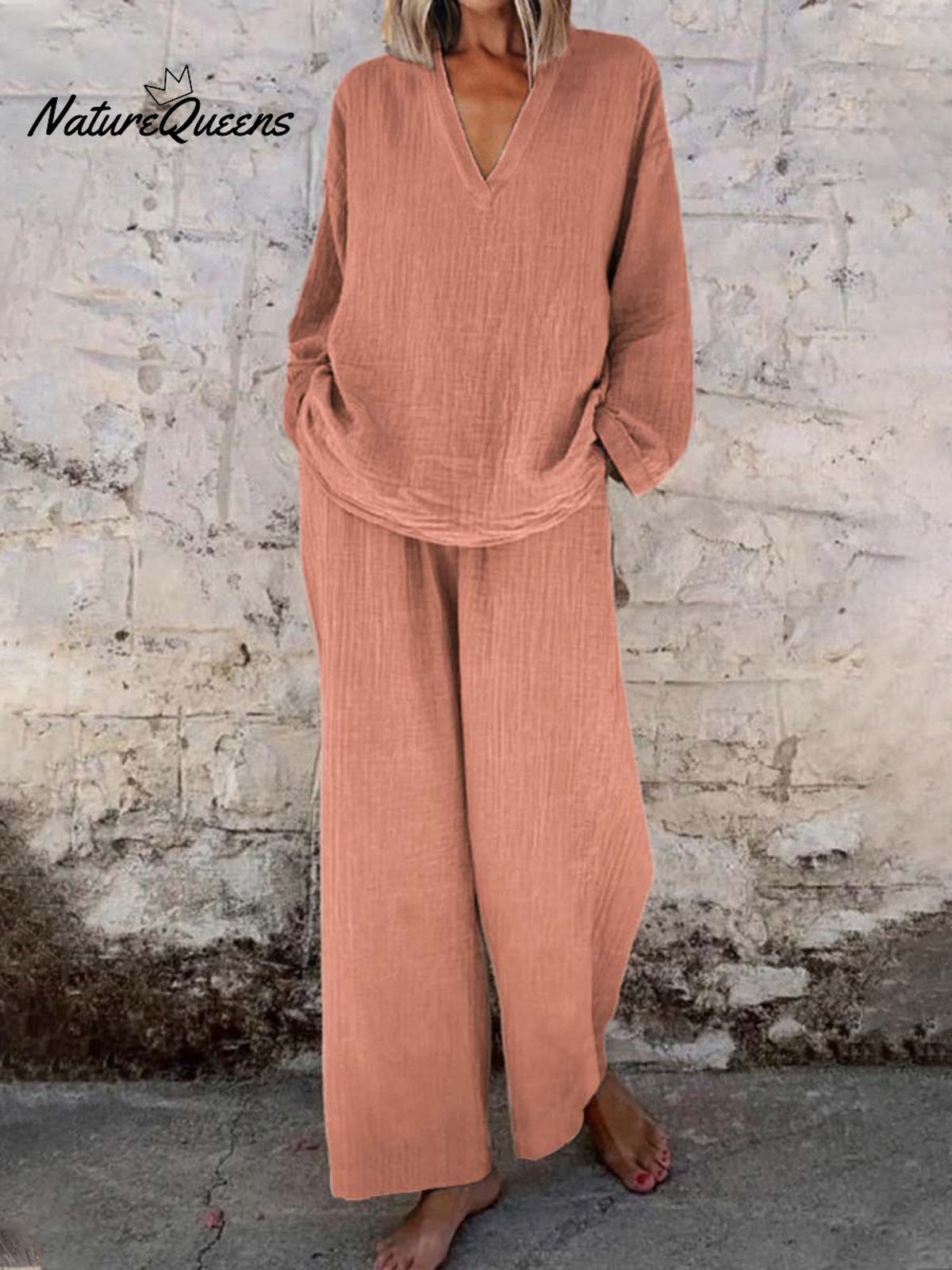 Women's Solid Color Casual Loose Stylish V-neck Long-sleeved Top Pocket Pants Two Piece Suit