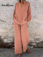 Women's Solid Color Casual Loose Stylish V-neck Long-sleeved Top Pocket Pants Two Piece Suit