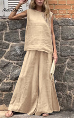 Women's Solid Color Casual Loose Stylish Sleeveless Top Pants Two Piece Suit