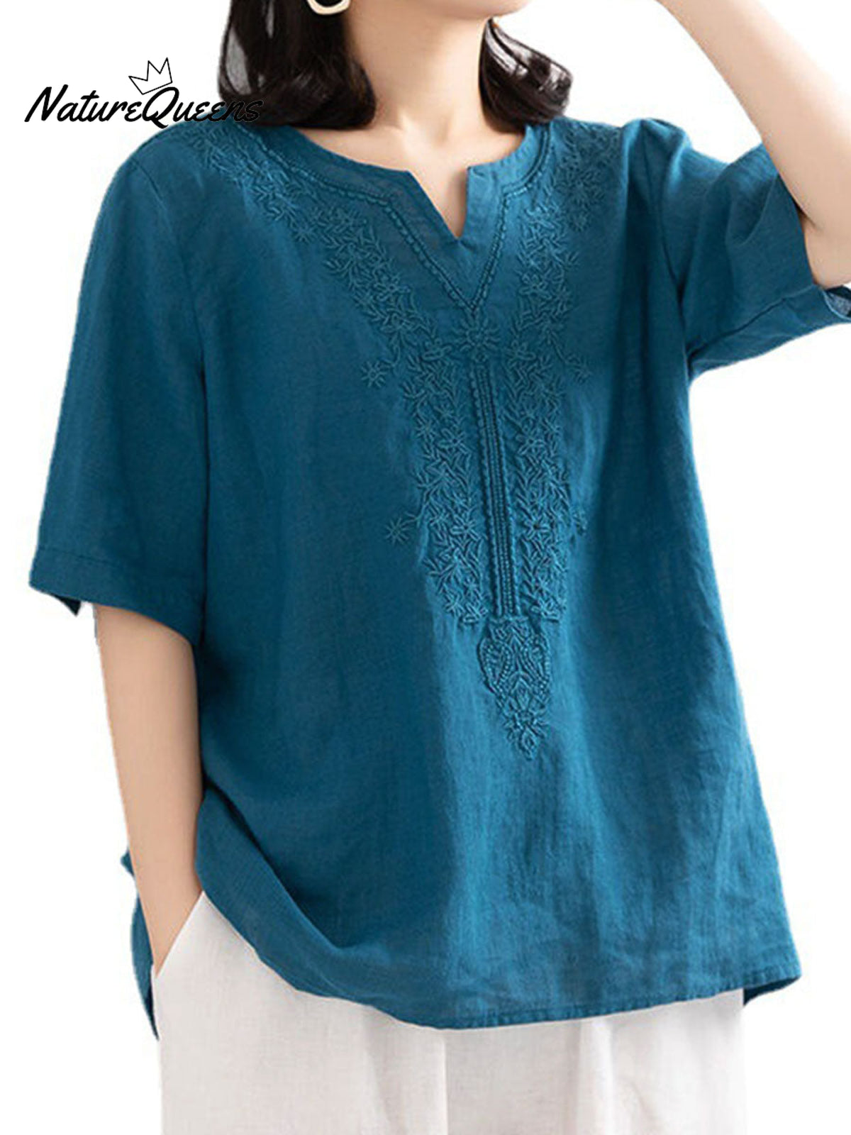Women's Embroidered Loose V-neck T-shirt