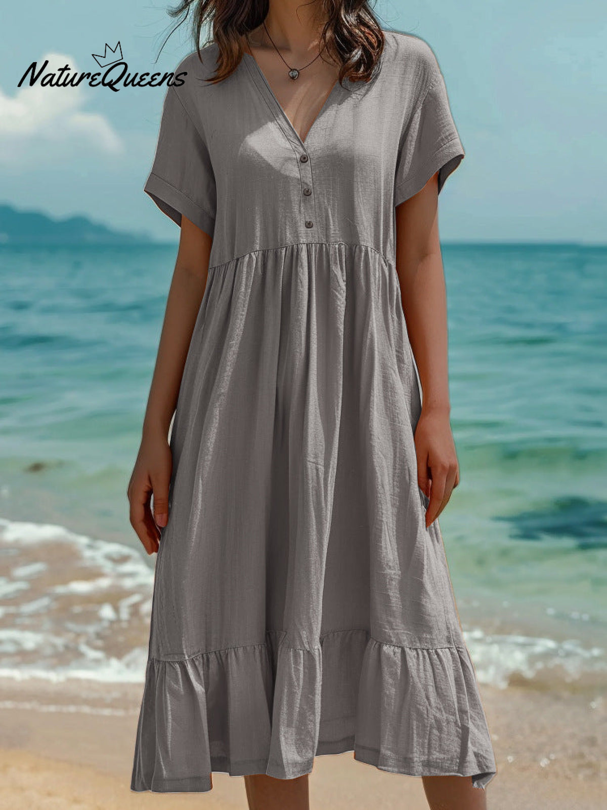 Women's Vintage Cotton and Linen V-Neck Casual Dress