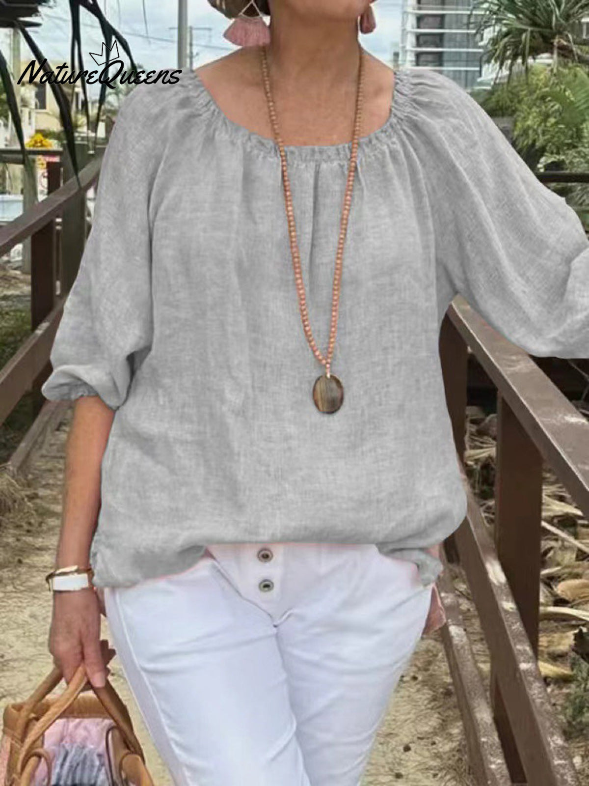 Women's Casual Solid Color Round Neck Pullover Cotton And Linen Shirt