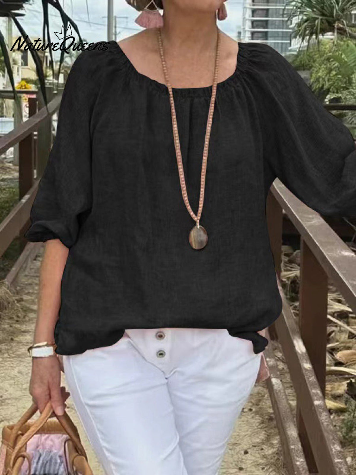 Women's Casual Solid Color Round Neck Pullover Cotton And Linen Shirt