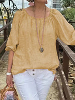 Women's Casual Solid Color Round Neck Pullover Cotton And Linen Shirt