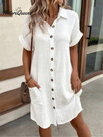 Women's Summer Simplistic V-Neck Button Down Cotton And Linen Shirt Dress