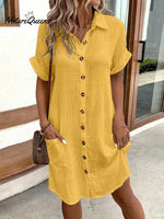 Women's Summer Simplistic V-Neck Button Down Cotton And Linen Shirt Dress