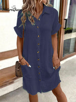 Women's Summer Simplistic V-Neck Button Down Cotton And Linen Shirt Dress