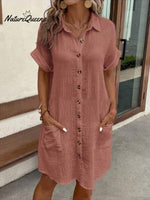 Women's Summer Simplistic V-Neck Button Down Cotton And Linen Shirt Dress