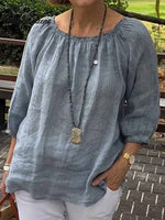 Ladies Solid Color Round Neck Mid Sleeve Pullover Cotton and Linen Casual Tops