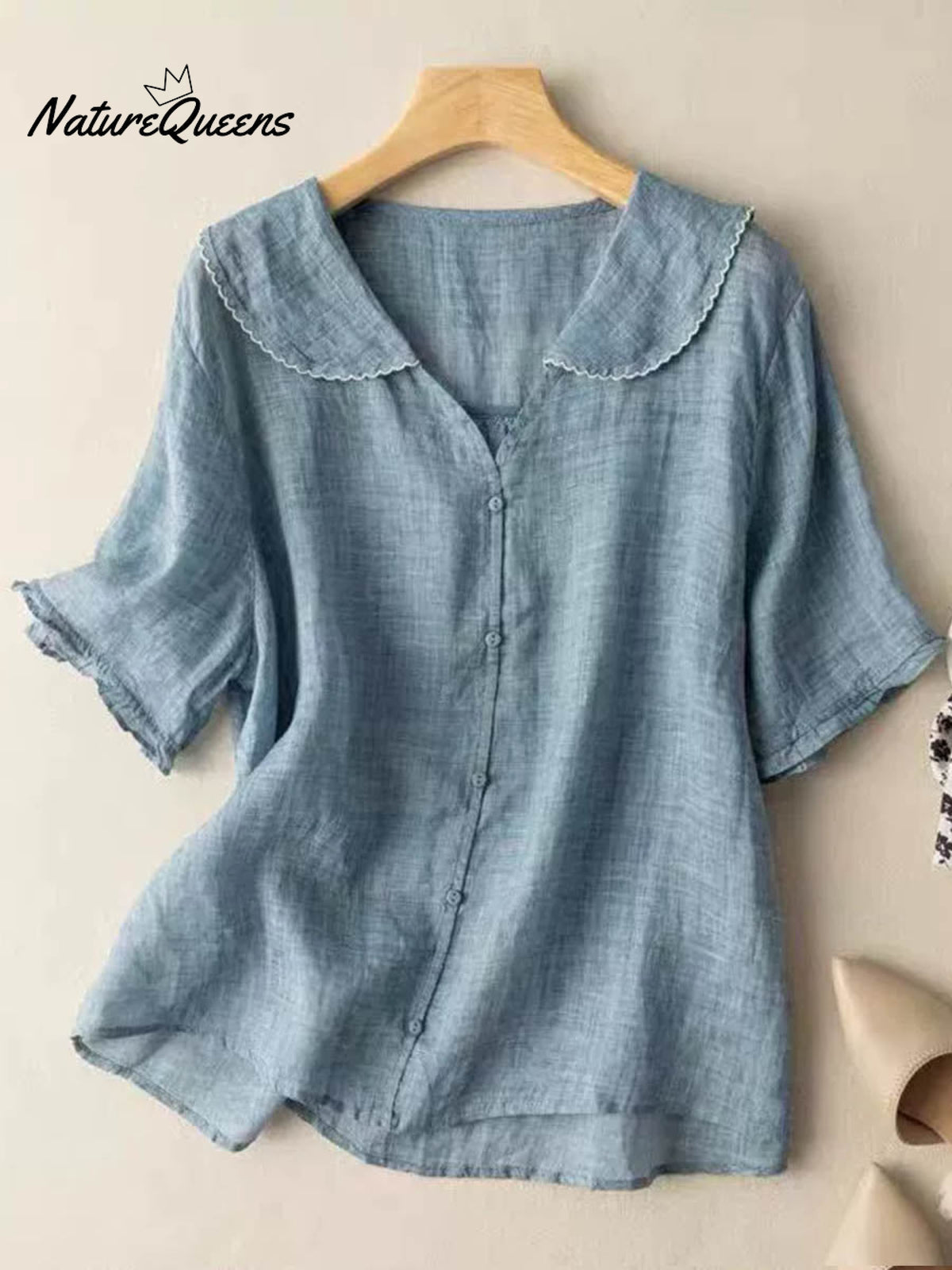 Women's Solid Color Peter Pan Collar Casual Linen Half Sleeve Shirt