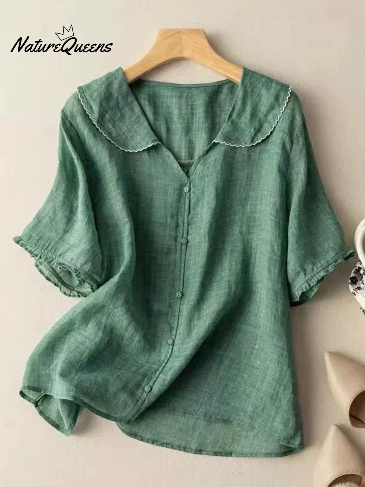 Women's Solid Color Peter Pan Collar Casual Linen Half Sleeve Shirt