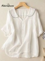 Women's Solid Color Peter Pan Collar Casual Linen Half Sleeve Shirt