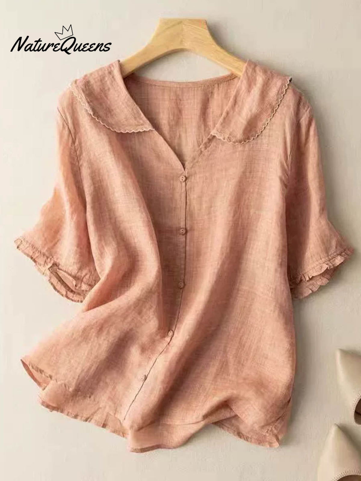 Women's Solid Color Peter Pan Collar Casual Linen Half Sleeve Shirt