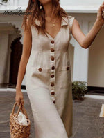Women's V-neck Sleeveless Single Breasted Pocket Casual Linen Dress