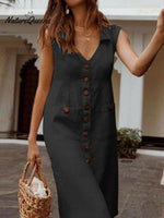 Women's V-neck Sleeveless Single Breasted Pocket Casual Linen Dress