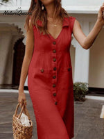 Women's V-neck Sleeveless Single Breasted Pocket Casual Linen Dress