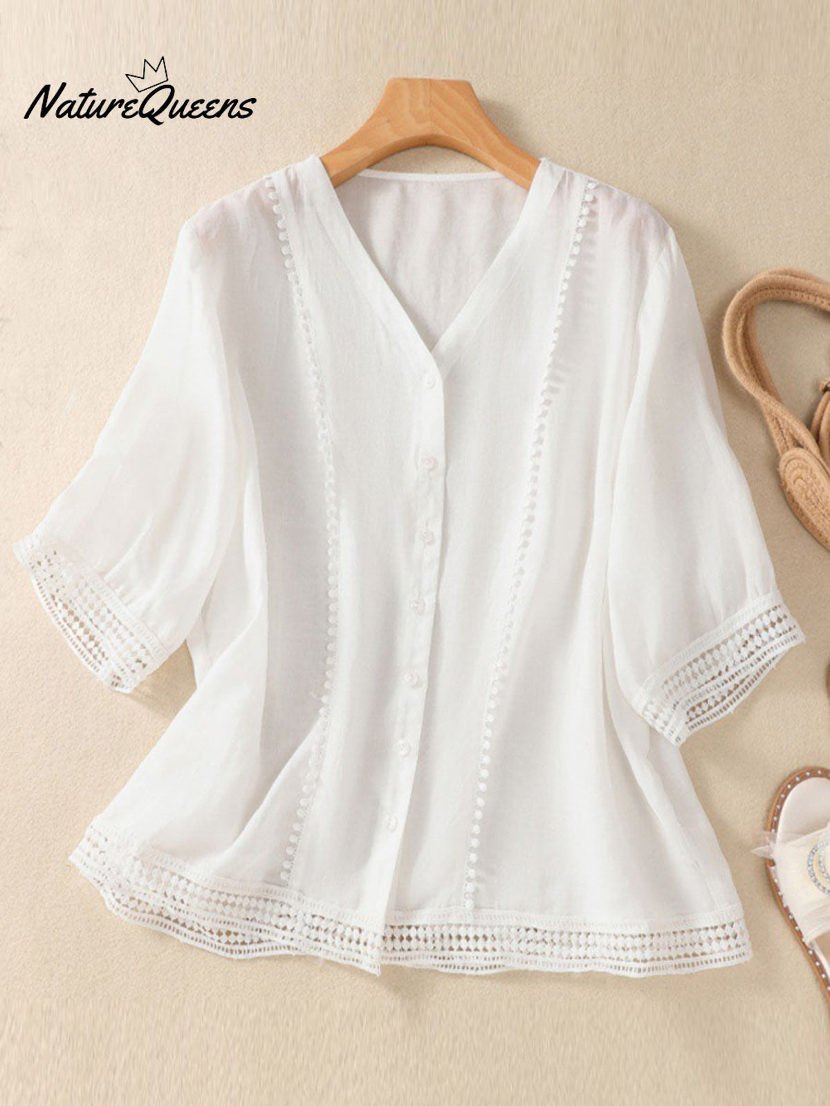 Women's V-neck Short Sleeve Crochet Casual Linen Cardigan Shirt