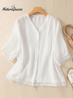 Women's V-neck Short Sleeve Crochet Casual Linen Cardigan Shirt