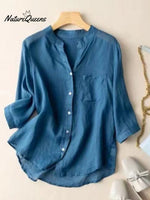 Women's V-neck Solid Color 3/4 Sleeve Casual Linen Cardigan Shirt
