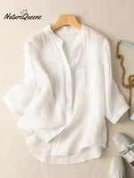 Women's V-neck Solid Color 3/4 Sleeve Casual Linen Cardigan Shirt