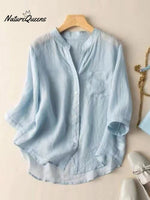 Women's V-neck Solid Color 3/4 Sleeve Casual Linen Cardigan Shirt