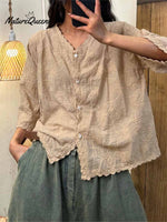 Women's V-neck Half Sleeve Embroidered Cardigan Buttoned Casual Linen Top