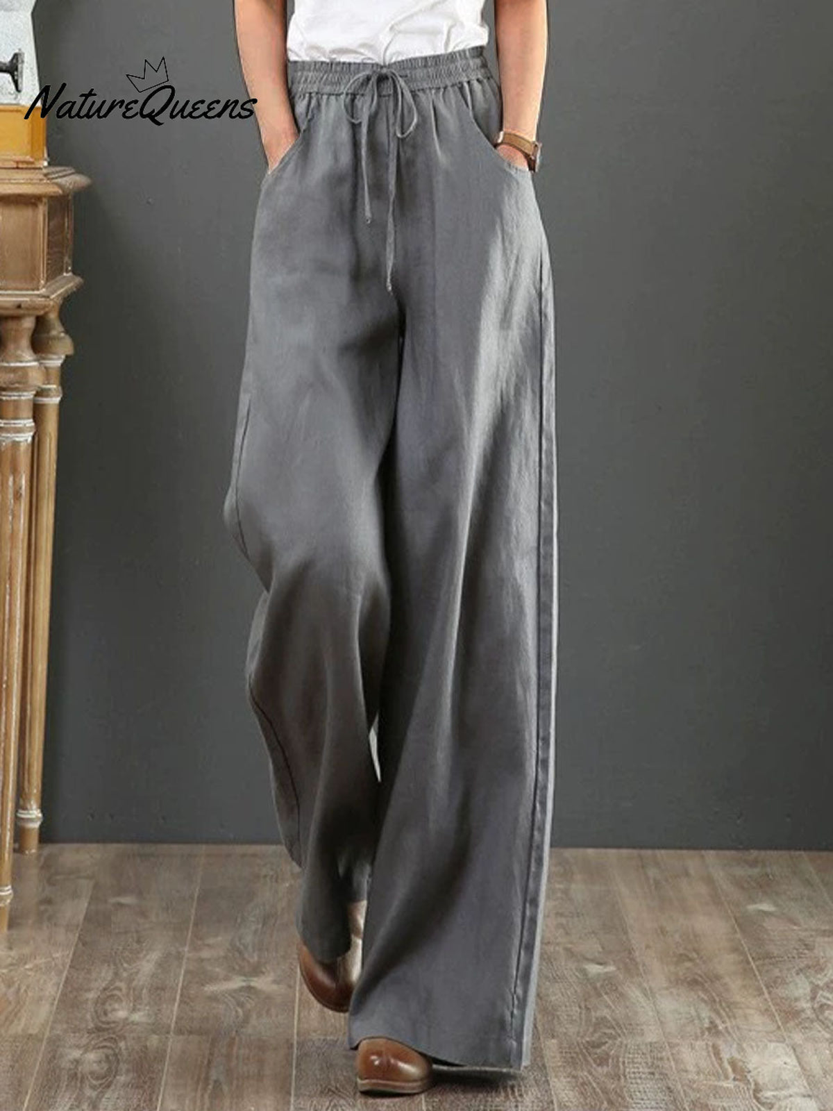 Women Solid Color Elastic Waist Pockets Casual Linen Wide Leg Pants