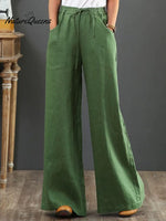 Women Solid Color Elastic Waist Pockets Casual Linen Wide Leg Pants