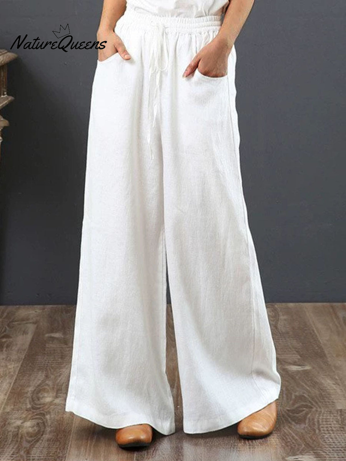 Women Solid Color Elastic Waist Pockets Casual Linen Wide Leg Pants