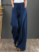 Women Solid Color Elastic Waist Pockets Casual Linen Wide Leg Pants