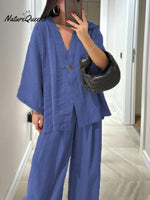 Women's Solid Color V-Neck Cardigan Top High Waist Casual Linen Wide Leg Pants Set